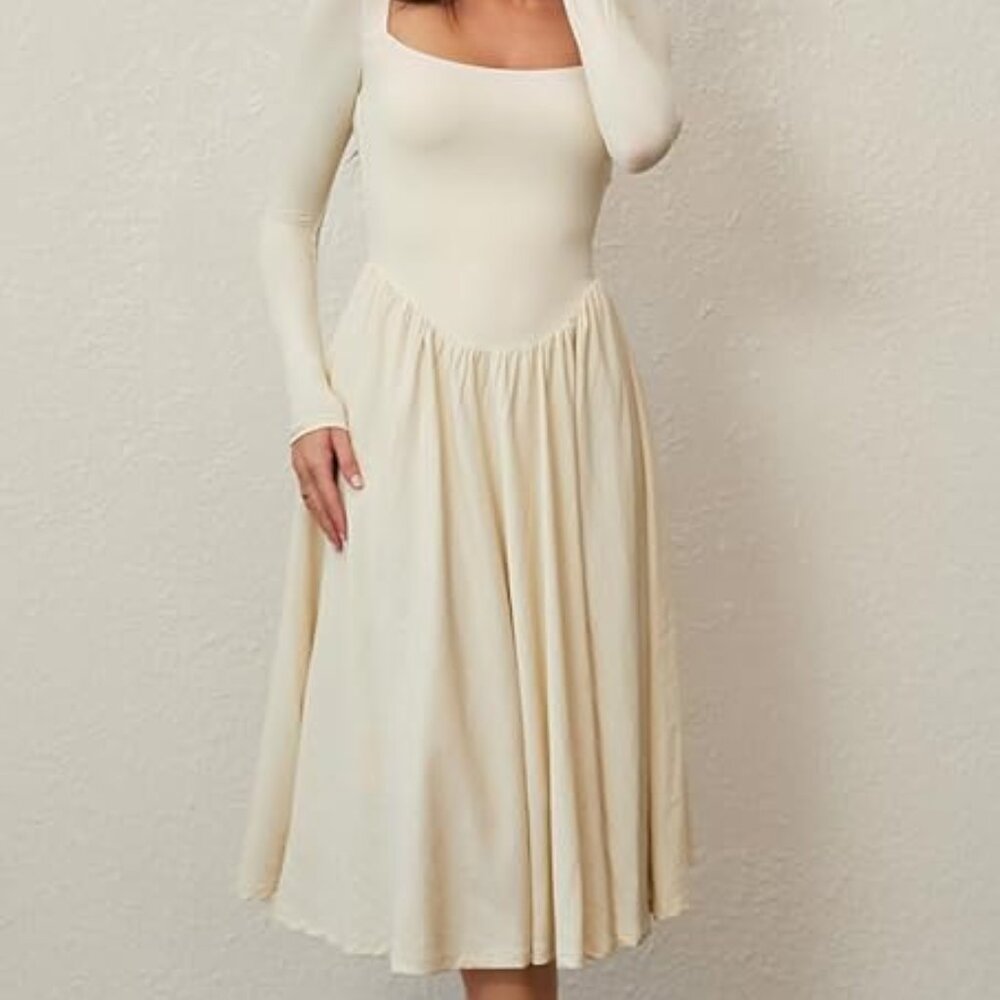 CHYRII Women Square Neck Beige Long Sleeve Casual A-Line Midi Dress